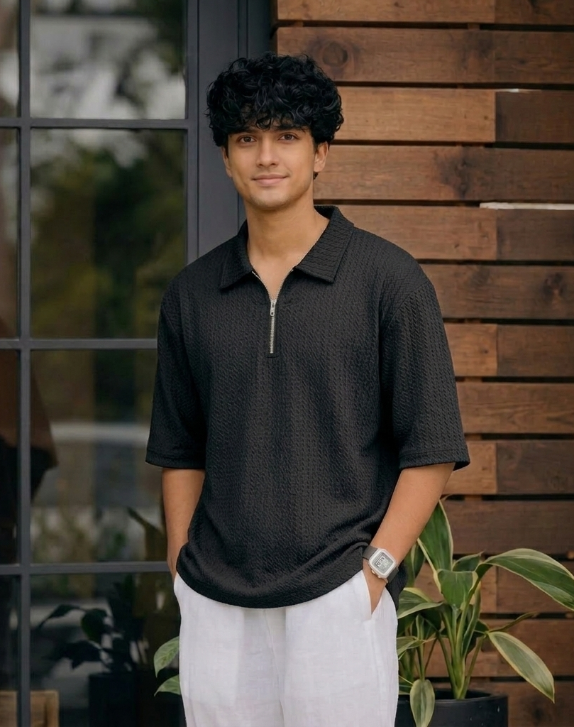 Karara Polyester Half Sleeve Half Zipper Tshirt - Black
