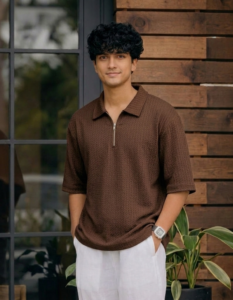 Karara Polyester Half Sleeve Half Zipper Tshirt - Brown