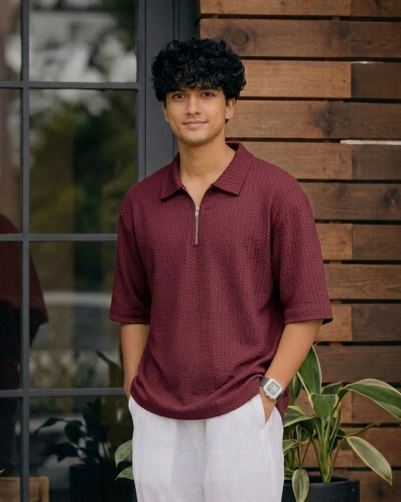 Karara Polyester Half Sleeve Half Zipper Tshirt - Wine