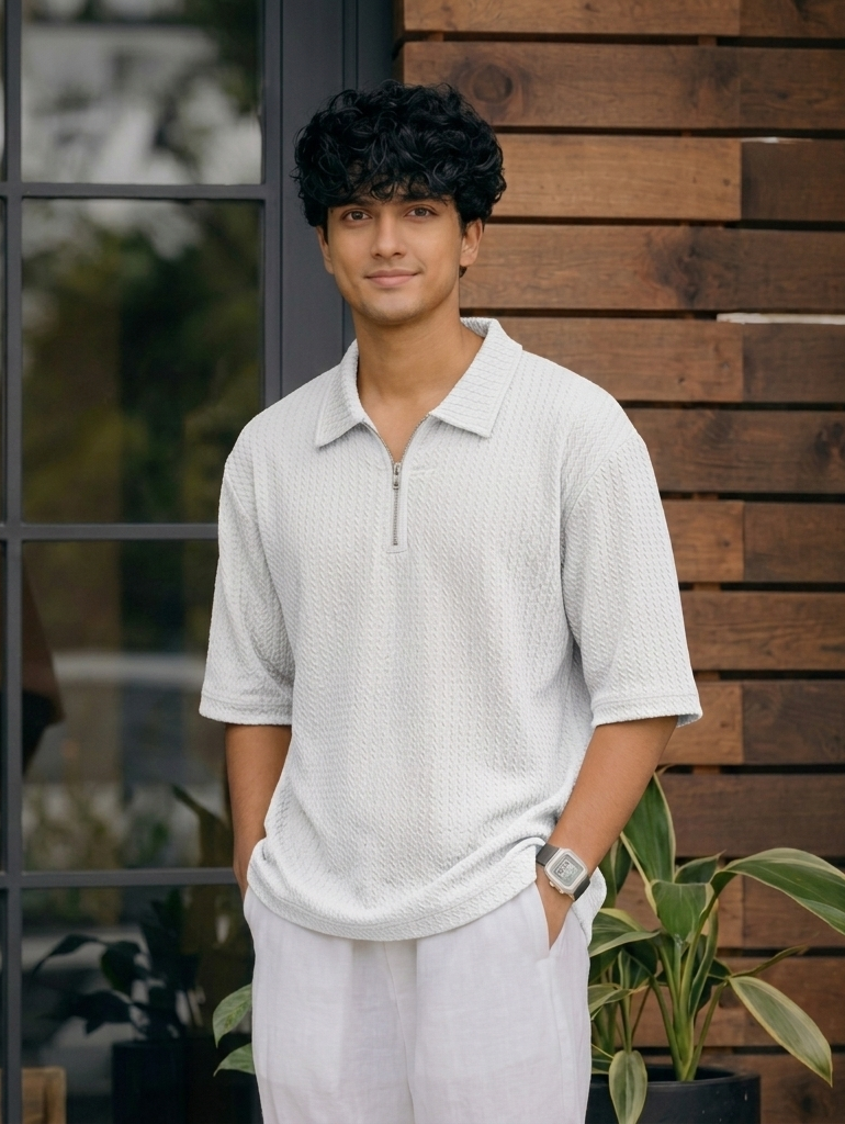Karara Polyester Half Sleeve Half Zipper Tshirt - White
