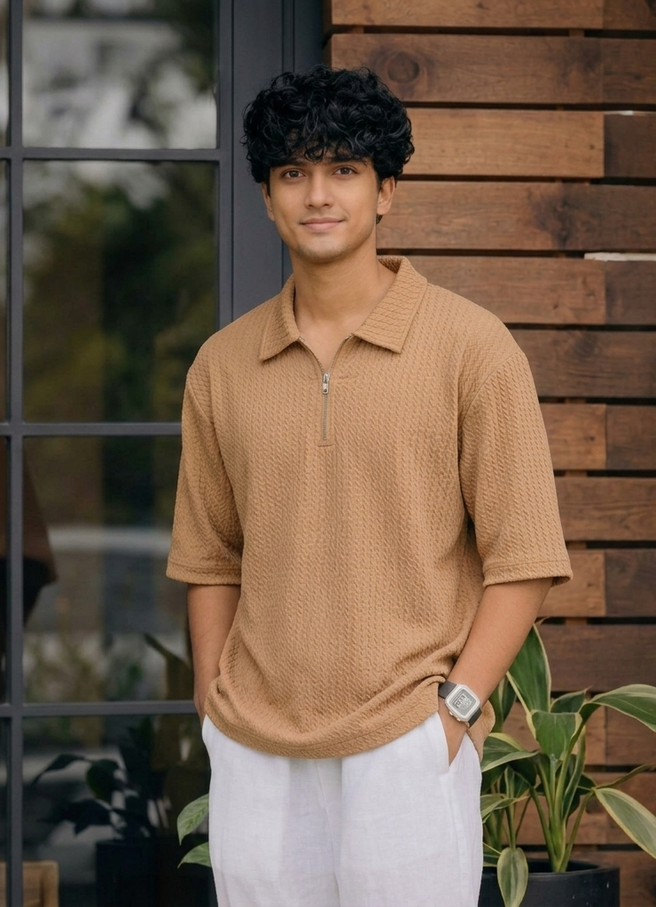 Karara Polyester Half Sleeve Half Zipper Tshirt - Beige