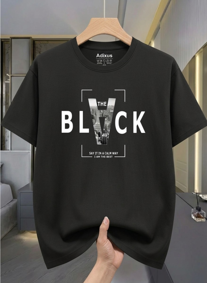 Men Solid Round Neck Cotton Blend Black  T-Shirt
