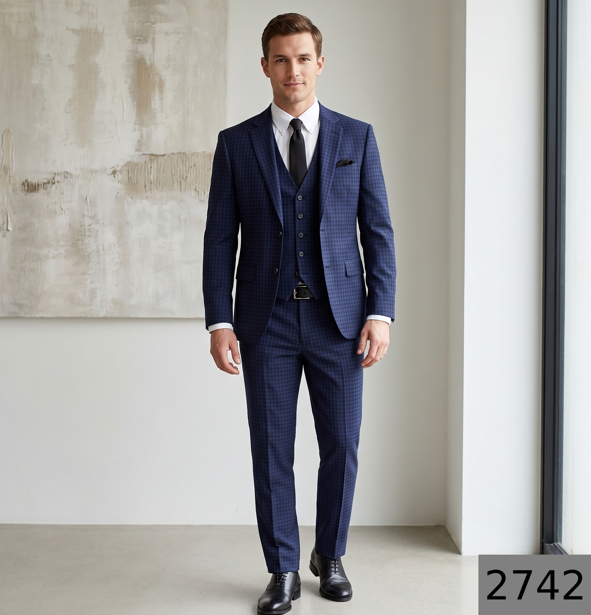 Raymond "Aurich" collection Super 90's merino wool Blue color Checkered unstitched Suit fabric of 3.5 meters / VV2742